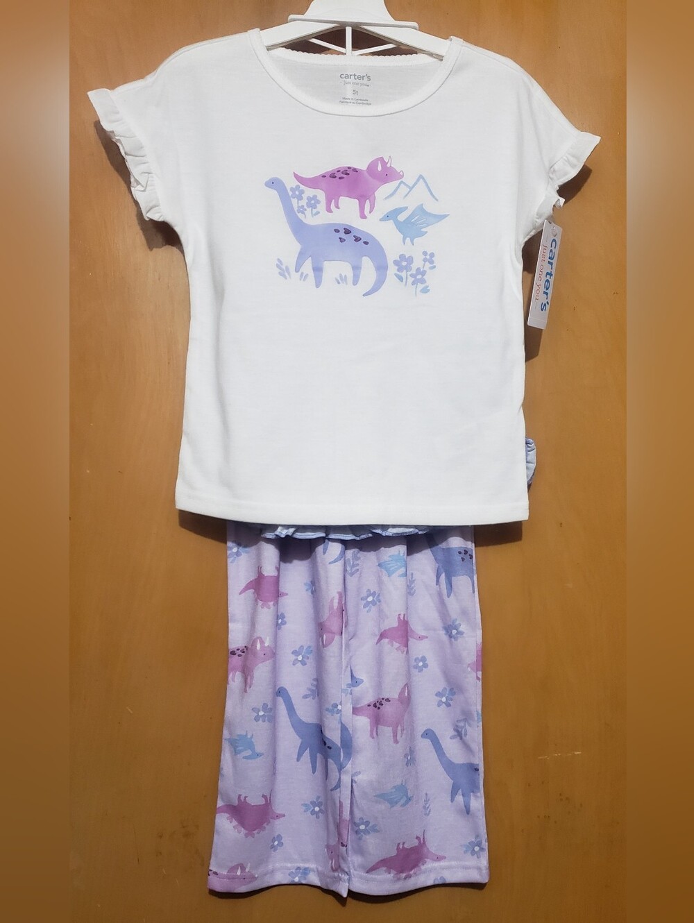 Carter's White Top with Purple & Pink Dinosaur Pajama Set